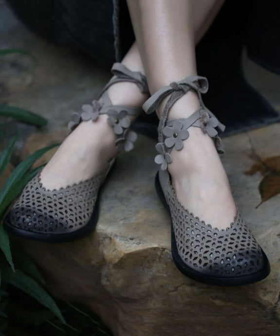 Grey Flat Shoes Calf Fitted Splicing Floral Hollow Out Cross Strap