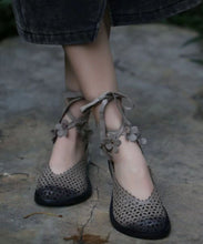 Load image into Gallery viewer, Grey Flat Shoes Calf Fitted Splicing Floral Hollow Out Cross Strap