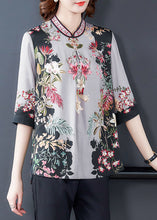 Load image into Gallery viewer, Grey Print Silk Women&#39;s Top Stand Collar Half Sleeve