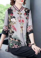 Load image into Gallery viewer, Grey Print Silk Women&#39;s Top Stand Collar Half Sleeve