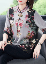 Load image into Gallery viewer, Grey Print Silk Women&#39;s Top Stand Collar Half Sleeve