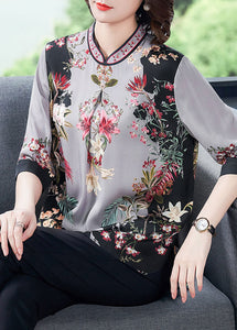 Grey Print Silk Women's Top Stand Collar Half Sleeve