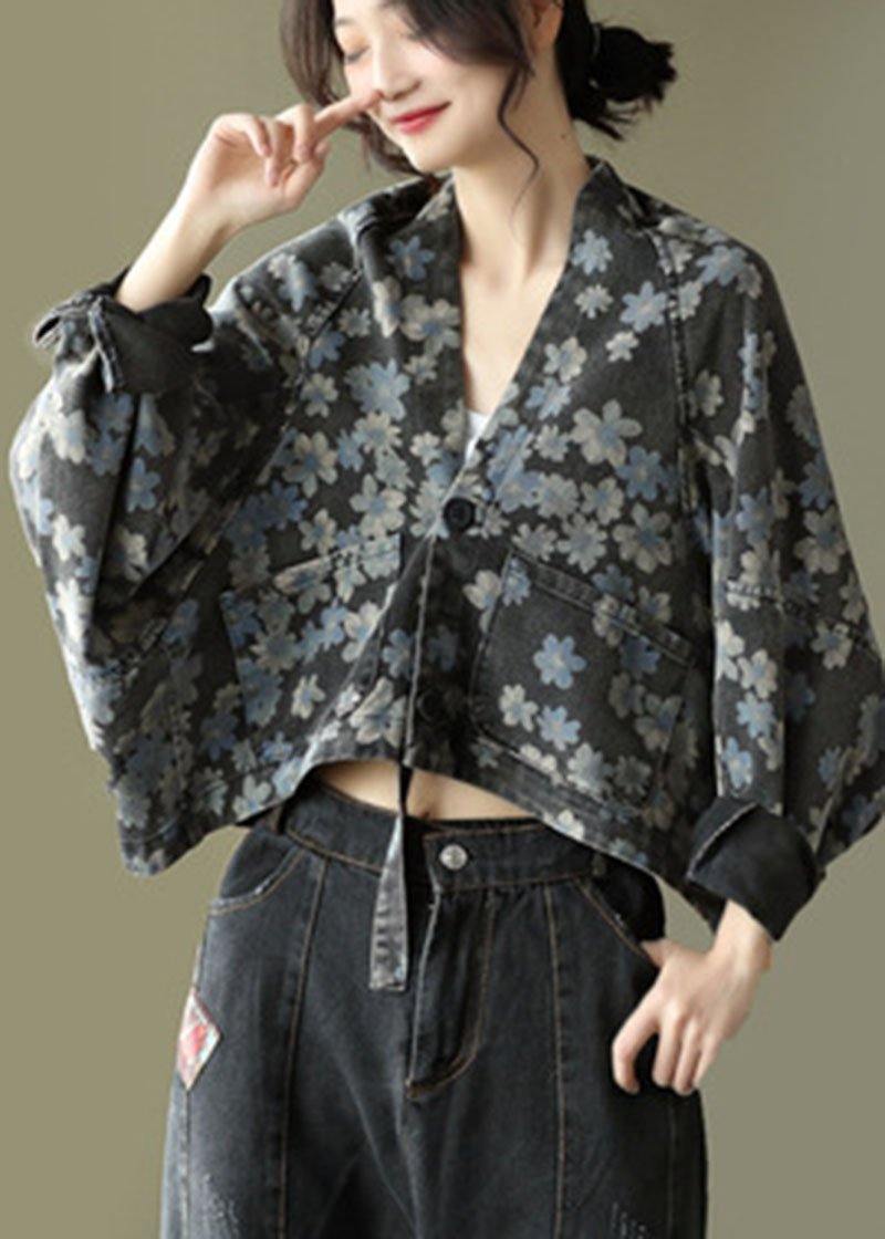 Handmade Black Floral Pockets Denim Long sleeve Short Coats