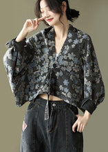 Load image into Gallery viewer, Handmade Black Floral Pockets Denim Long sleeve Short Coats