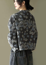 Load image into Gallery viewer, Handmade Black Floral Pockets Denim Long sleeve Short Coats