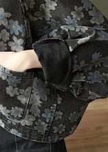 Load image into Gallery viewer, Handmade Black Floral Pockets Denim Long sleeve Short Coats