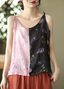 Handmade Black Pink Patchwork Linen Spaghetti Strap Tank Summer