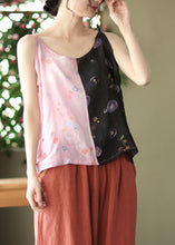 Load image into Gallery viewer, Handmade Black Pink Patchwork Linen Spaghetti Strap Tank Summer