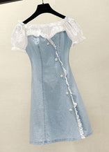 Load image into Gallery viewer, Handmade Blue Lace Patchwork Ruffled Button Denim Mid Dress Short Sleeve