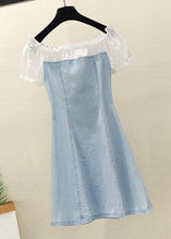 Load image into Gallery viewer, Handmade Blue Lace Patchwork Ruffled Button Denim Mid Dress Short Sleeve