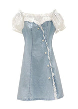 Load image into Gallery viewer, Handmade Blue Lace Patchwork Ruffled Button Denim Mid Dress Short Sleeve