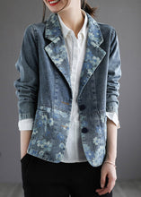 Load image into Gallery viewer, Handmade Blue Notched Print Button Denim Coat Spring