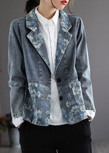 Load image into Gallery viewer, Handmade Blue Notched Print Button Denim Coat Spring