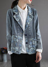 Load image into Gallery viewer, Handmade Blue Notched Print Button Denim Coat Spring