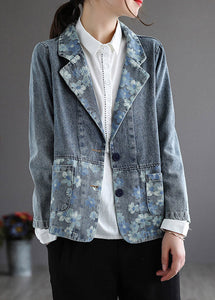 Handmade Blue Notched Print Button Denim Coat Spring