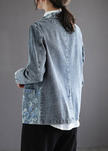 Load image into Gallery viewer, Handmade Blue Notched Print Button Denim Coat Spring