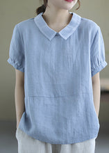 Load image into Gallery viewer, Handmade Blue Patchwork Solid Ramie T Shirt Summer