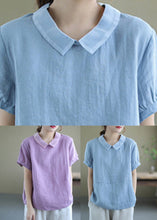 Load image into Gallery viewer, Handmade Blue Patchwork Solid Ramie T Shirt Summer