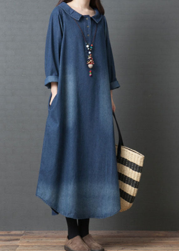 Handmade Blue PeterPan Collar Pockets  Patchwork Fall Denim Long sleeve Dresses