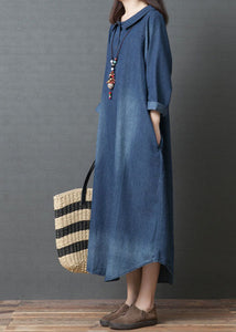 Handmade Blue PeterPan Collar Pockets  Patchwork Fall Denim Long sleeve Dresses