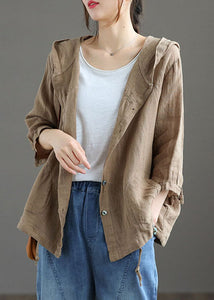 Handmade Dark Khaki Pockets Patchwork Linen Thin Hoodie Coat Summer