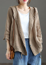 Load image into Gallery viewer, Handmade Dark Khaki Pockets Patchwork Linen Thin Hoodie Coat Summer