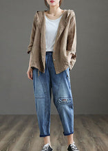 Load image into Gallery viewer, Handmade Dark Khaki Pockets Patchwork Linen Thin Hoodie Coat Summer