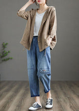 Load image into Gallery viewer, Handmade Dark Khaki Pockets Patchwork Linen Thin Hoodie Coat Summer