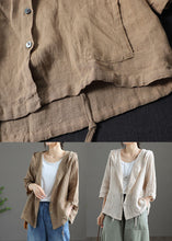 Load image into Gallery viewer, Handmade Dark Khaki Pockets Patchwork Linen Thin Hoodie Coat Summer