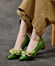 Load image into Gallery viewer, Handmade Green Cowhide Chunky Heel Splicing Ruffles Embossed