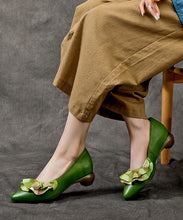 Load image into Gallery viewer, Handmade Green Cowhide Chunky Heel Splicing Ruffles Embossed