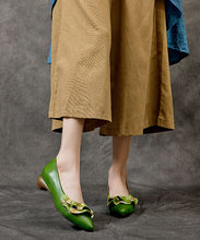 Load image into Gallery viewer, Handmade Green Cowhide Chunky Heel Splicing Ruffles Embossed