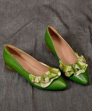 Load image into Gallery viewer, Handmade Green Cowhide Chunky Heel Splicing Ruffles Embossed