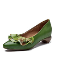 Load image into Gallery viewer, Handmade Green Cowhide Chunky Heel Splicing Ruffles Embossed