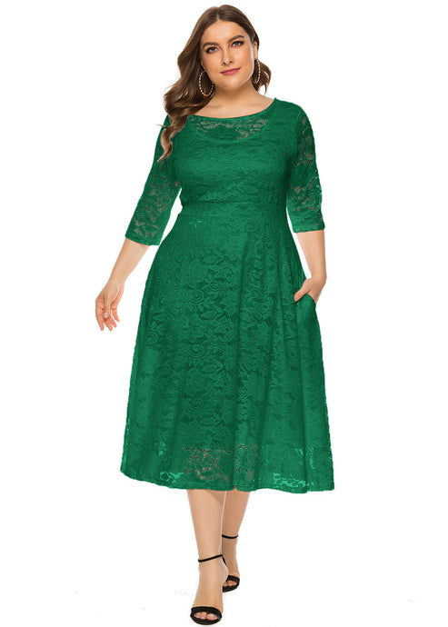 Handmade Green O-Neck Patchwork Lace Long Dress Short Sleeve