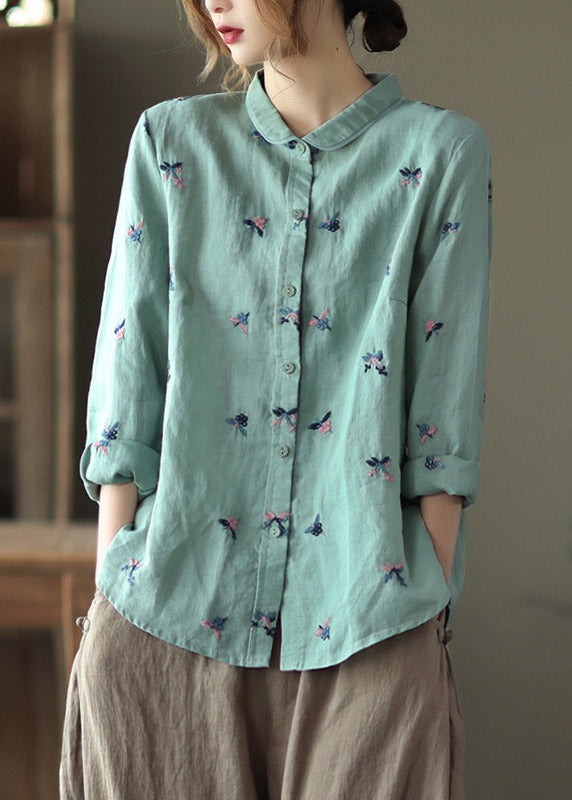 Handmade Green Peter Pan Collar Embroideried Linen Shirts Long Sleeve