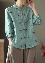 Load image into Gallery viewer, Handmade Green Peter Pan Collar Embroideried Linen Shirts Long Sleeve