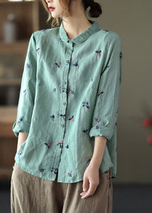 Handmade Green Peter Pan Collar Embroideried Linen Shirts Long Sleeve