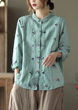 Load image into Gallery viewer, Handmade Green Peter Pan Collar Embroideried Linen Shirts Long Sleeve