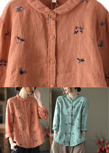 Load image into Gallery viewer, Handmade Green Peter Pan Collar Embroideried Linen Shirts Long Sleeve