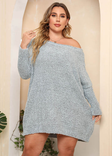 Handmade Light Grey Slash Neck Cozy Knit Sweater Long Sleeve