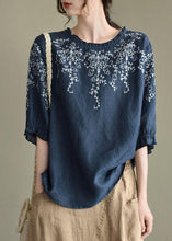 Load image into Gallery viewer, Handmade Navy lantern Sleeve O-Neck Embroideried Summer Ramie Blouses