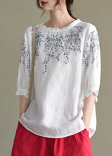 Load image into Gallery viewer, Handmade Navy lantern Sleeve O-Neck Embroideried Summer Ramie Blouses