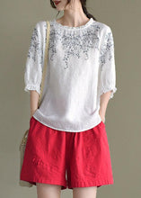 Load image into Gallery viewer, Handmade Navy lantern Sleeve O-Neck Embroideried Summer Ramie Blouses