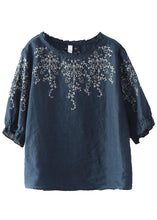 Load image into Gallery viewer, Handmade Navy lantern Sleeve O-Neck Embroideried Summer Ramie Blouses