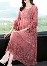 Load image into Gallery viewer, Handmade Pink Embroideried Oversized Silk Vacation Dresses Flare Sleeve