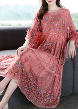 Load image into Gallery viewer, Handmade Pink Embroideried Oversized Silk Vacation Dresses Flare Sleeve