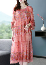 Load image into Gallery viewer, Handmade Pink Embroideried Oversized Silk Vacation Dresses Flare Sleeve