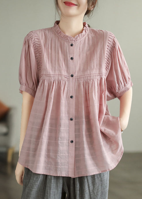 Handmade Pink Ruffled Button Patchwork Cotton Blouse Summer