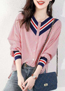 Handmade Pink V Neck Striped Cotton Blouses Spring